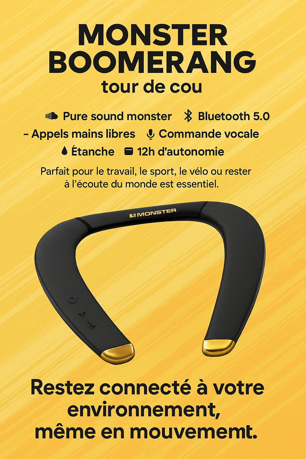 Monster Boomerang - Casque Bluetooth Tour de Cou - Son Puissant & Confort Ultime
