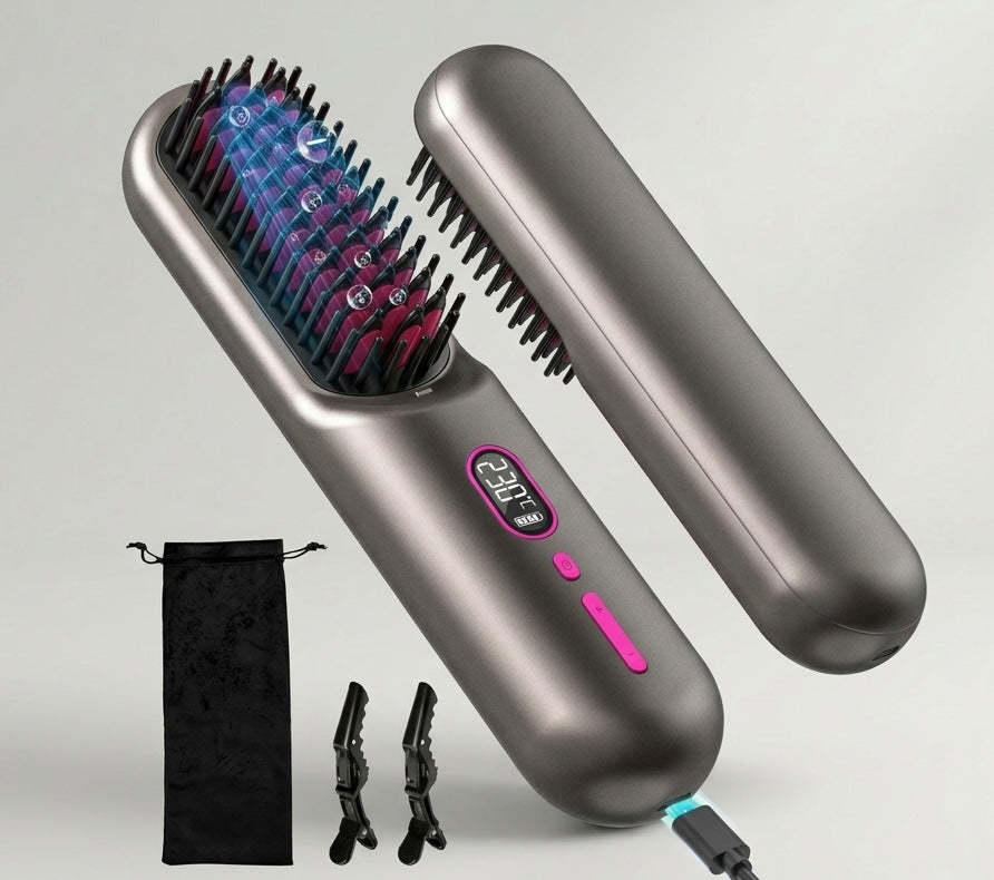 Brosse Lissante Sans Fil Cheveux & Barbe | Chauffe Rapide, Température Réglable & Anti Brûlures